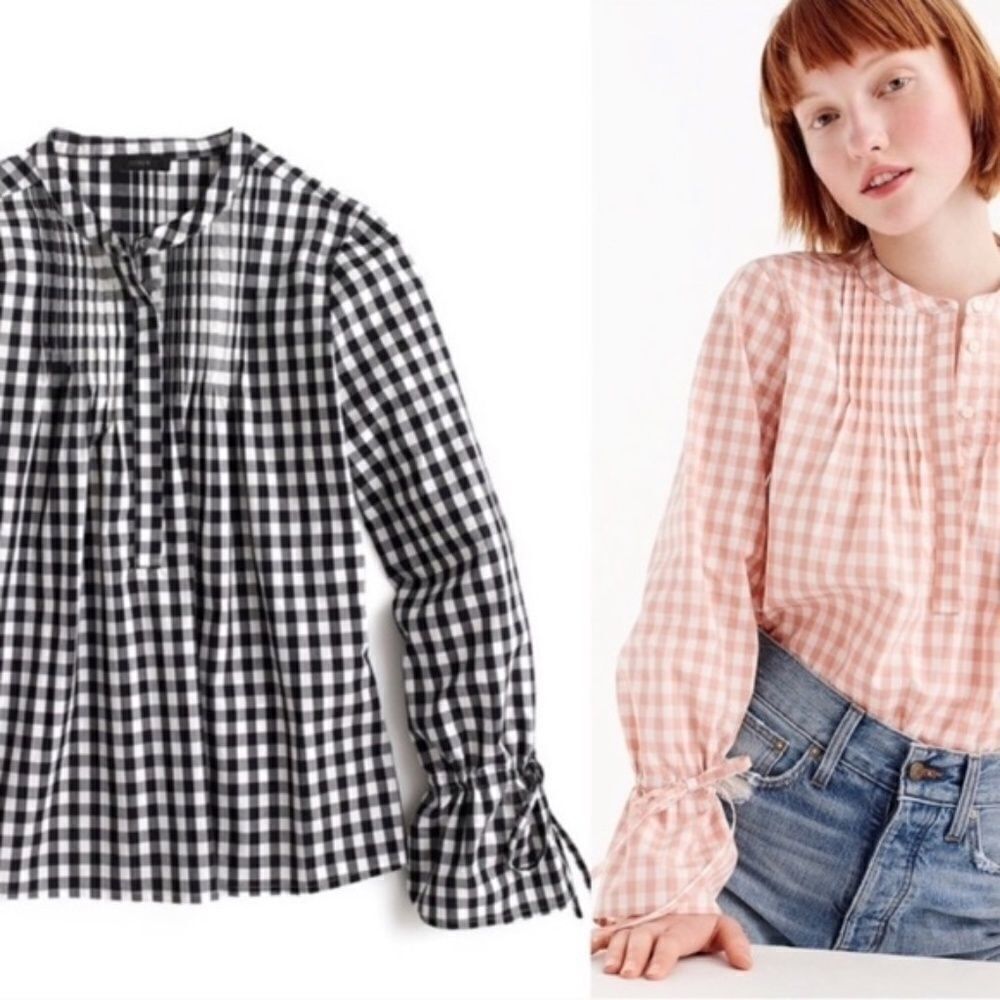J. Crew Tie Sleeve Pintuck Gingham Top Petit S